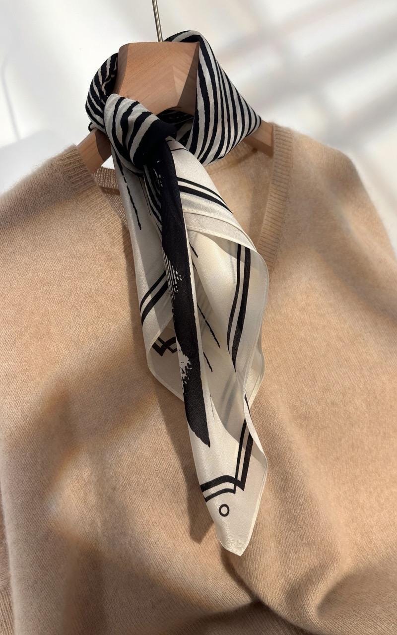 Minimalist Silk Scarf 25" Square Crepe de Chine Neck Head Scarf for Women, Elegant Geometric Luxury Hair Accessory, Chic Gift for Her