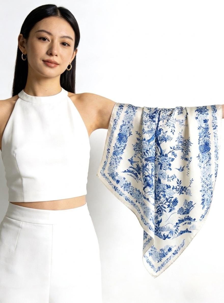 100% Mulberry Silk Scarf 21"x21" 53x53cm, Elegant Blue Square Scarf, Silk Neckerchief, Small Hair Bandana, Gift for Her
