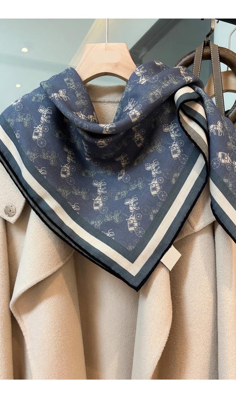 Luxurious Dusty Blue Silk Wool Scarf for Women, Large 35x35" Square Shawl, Elegant Soft Scarf, Gift for Her, All-match Premium Wrap