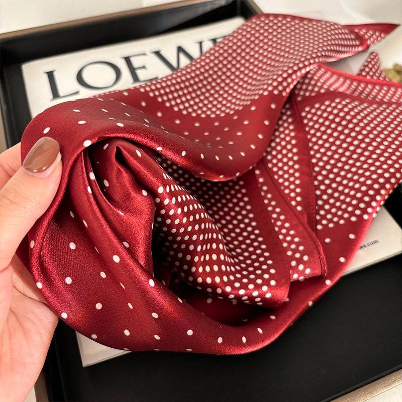 100% Silk Wool Scarf 25"x25" 65x65cm, Rare Ancora Red Satin Silk Square, Luxury Mulberry Silk Neckerchief, Elegant Shawl Gift for Her