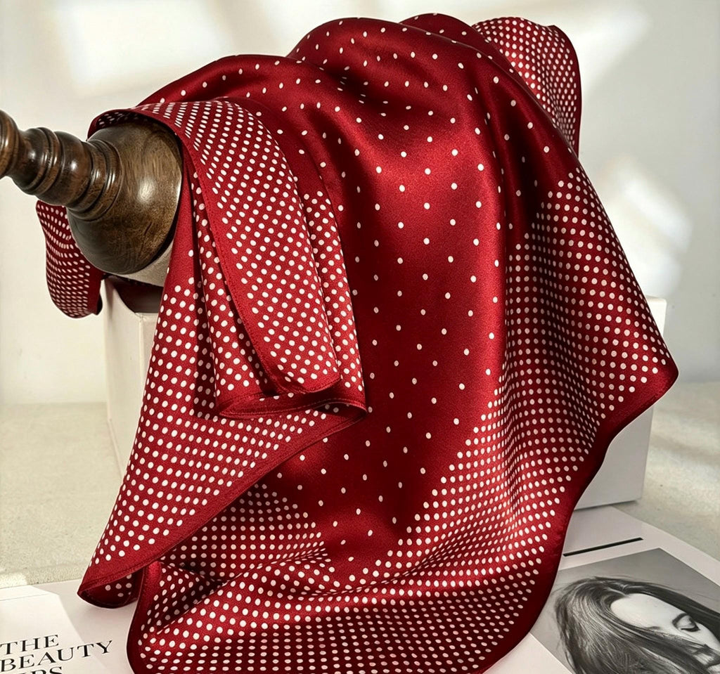 100% Silk Wool Scarf 25"x25" 65x65cm, Rare Ancora Red Satin Silk Square, Luxury Mulberry Silk Neckerchief, Elegant Shawl Gift for Her