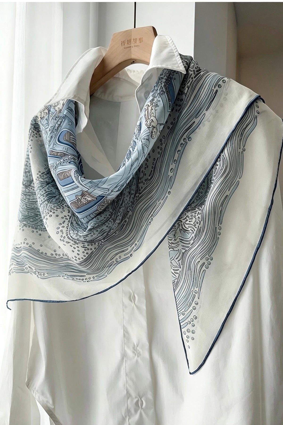 100% Mulberry Silk Scarf 41"x41" 105x105cm, Gentle Tower of Babel Print, Lightweight Silk Georgette Square, Elegant Spring Summer Shawl Gift