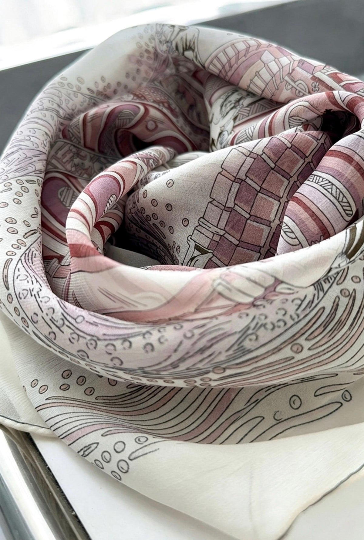 100% Mulberry Silk Scarf 41"x41" 105x105cm, Gentle Tower of Babel Print, Lightweight Silk Georgette Square, Elegant Spring Summer Shawl Gift