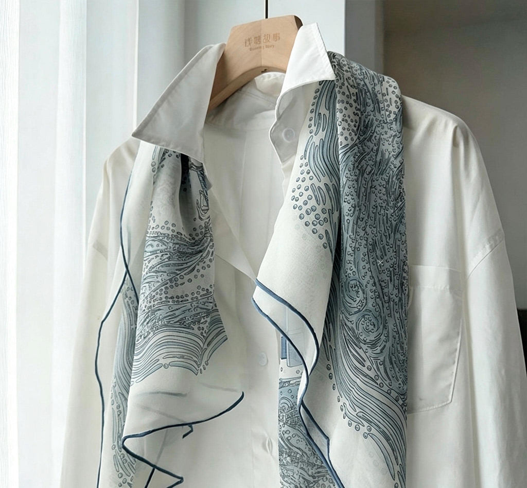 100% Mulberry Silk Scarf 41"x41" 105x105cm, Gentle Tower of Babel Print, Lightweight Silk Georgette Square, Elegant Spring Summer Shawl Gift