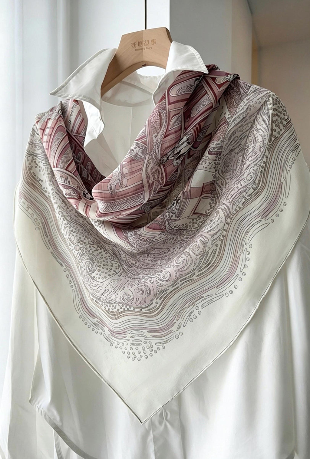 100% Mulberry Silk Scarf 41"x41" 105x105cm, Gentle Tower of Babel Print, Lightweight Silk Georgette Square, Elegant Spring Summer Shawl Gift