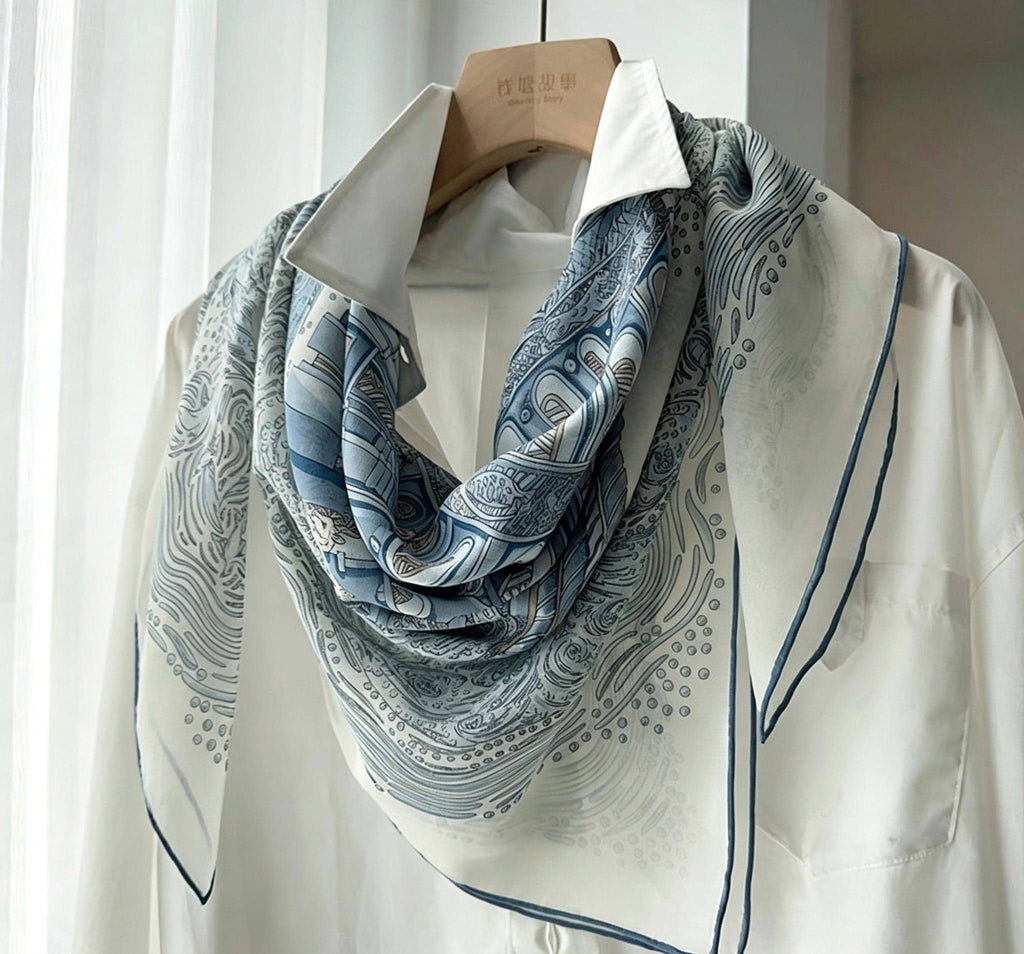 100% Mulberry Silk Scarf 41"x41" 105x105cm, Gentle Tower of Babel Print, Lightweight Silk Georgette Square, Elegant Spring Summer Shawl Gift
