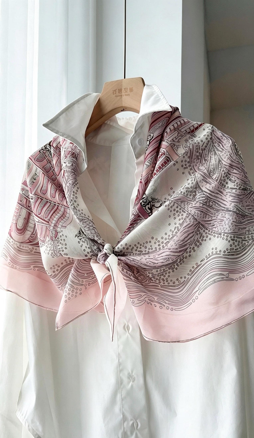 100% Mulberry Silk Scarf 41"x41" 105x105cm, Gentle Tower of Babel Print, Lightweight Silk Georgette Square, Elegant Spring Summer Shawl Gift