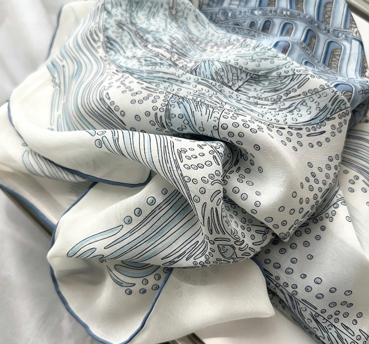 100% Mulberry Silk Scarf 41"x41" 105x105cm, Gentle Tower of Babel Print, Lightweight Silk Georgette Square, Elegant Spring Summer Shawl Gift