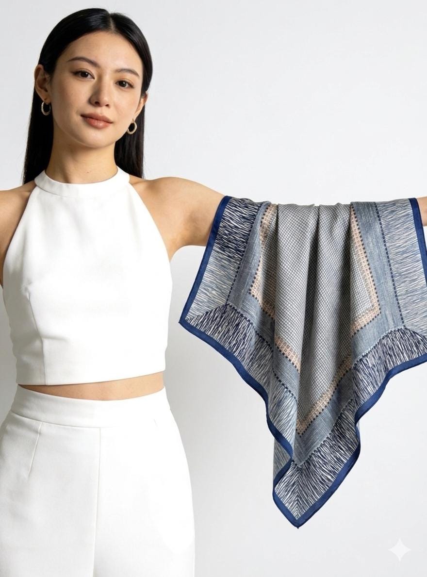 Seine Style Luxury 65x65cm (25.5") Gray-Blue Crepe de Chine Silk Scarf - Premium Mulberry Silk Necktie, Chic Aesthetic Accessory
