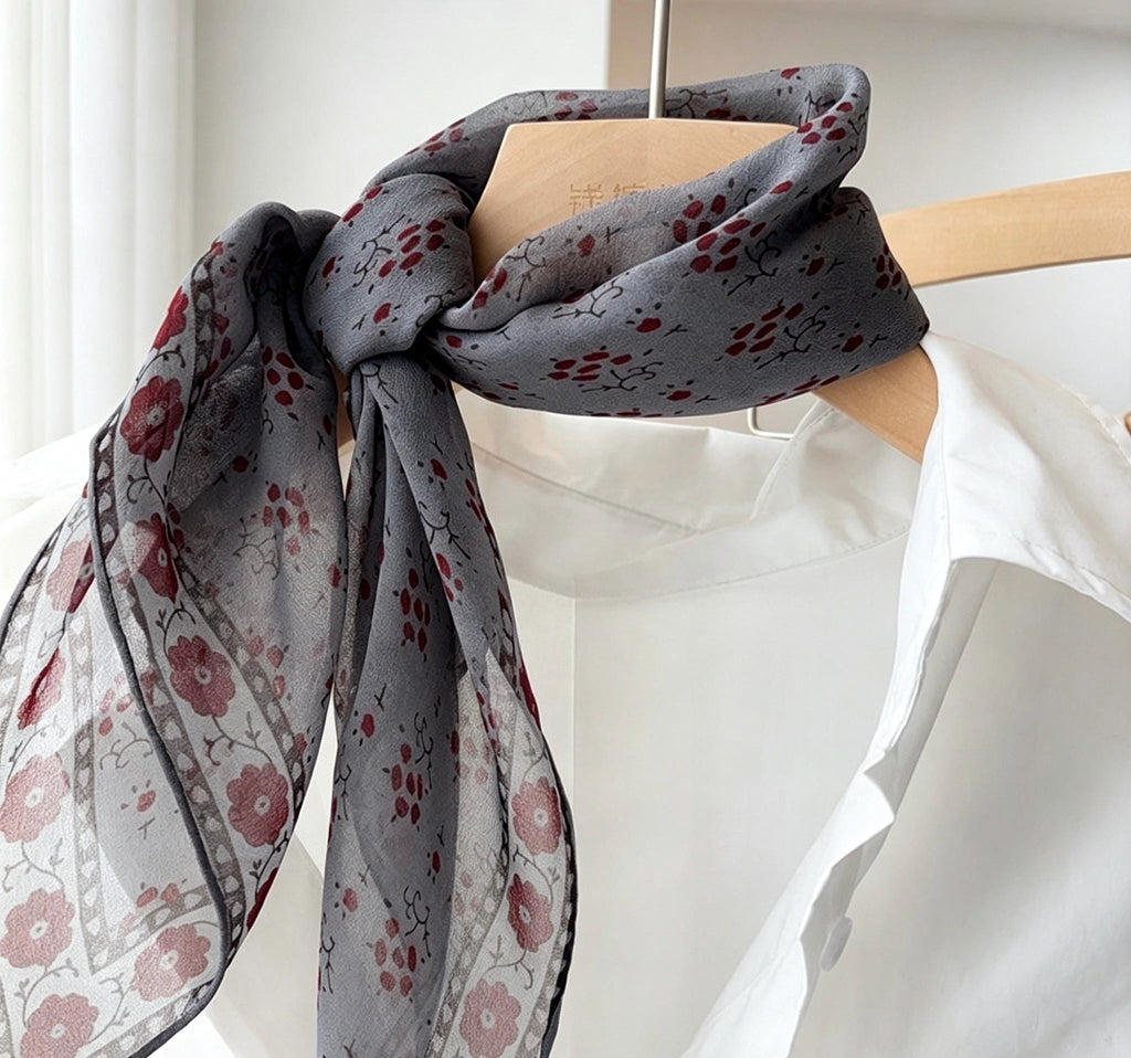 100% Silk Wool Scarf 25"x25" 65x65cm, Monet Grey Mulberry Silk Scarf, Low Saturation Georgette Square Scarf, Artistic Silk Wrap Gift for Her