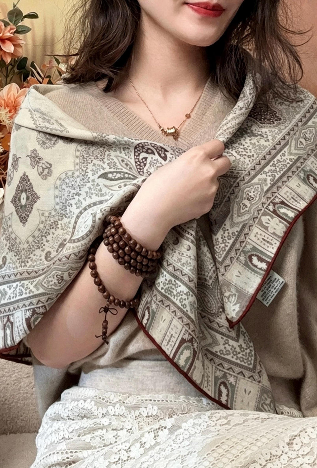 Elegant Beige Paisley Silk Wool Scarf for Women, Luxury Large Square Shawl, Autumn Winter Head Wrap, Gift for Her, 68x68cm & 88x88cm