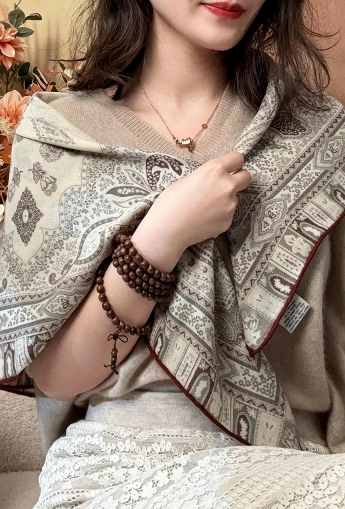 Elegant Beige Paisley Silk Wool Scarf for Women, Luxury Large Square Shawl, Autumn Winter Head Wrap, Gift for Her, 68x68cm & 88x88cm