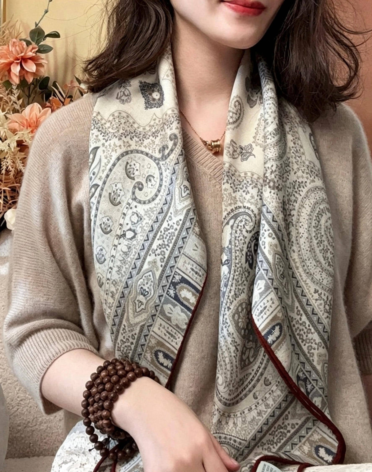 Elegant Beige Paisley Silk Wool Scarf for Women, Luxury Large Square Shawl, Autumn Winter Head Wrap, Gift for Her, 68x68cm & 88x88cm