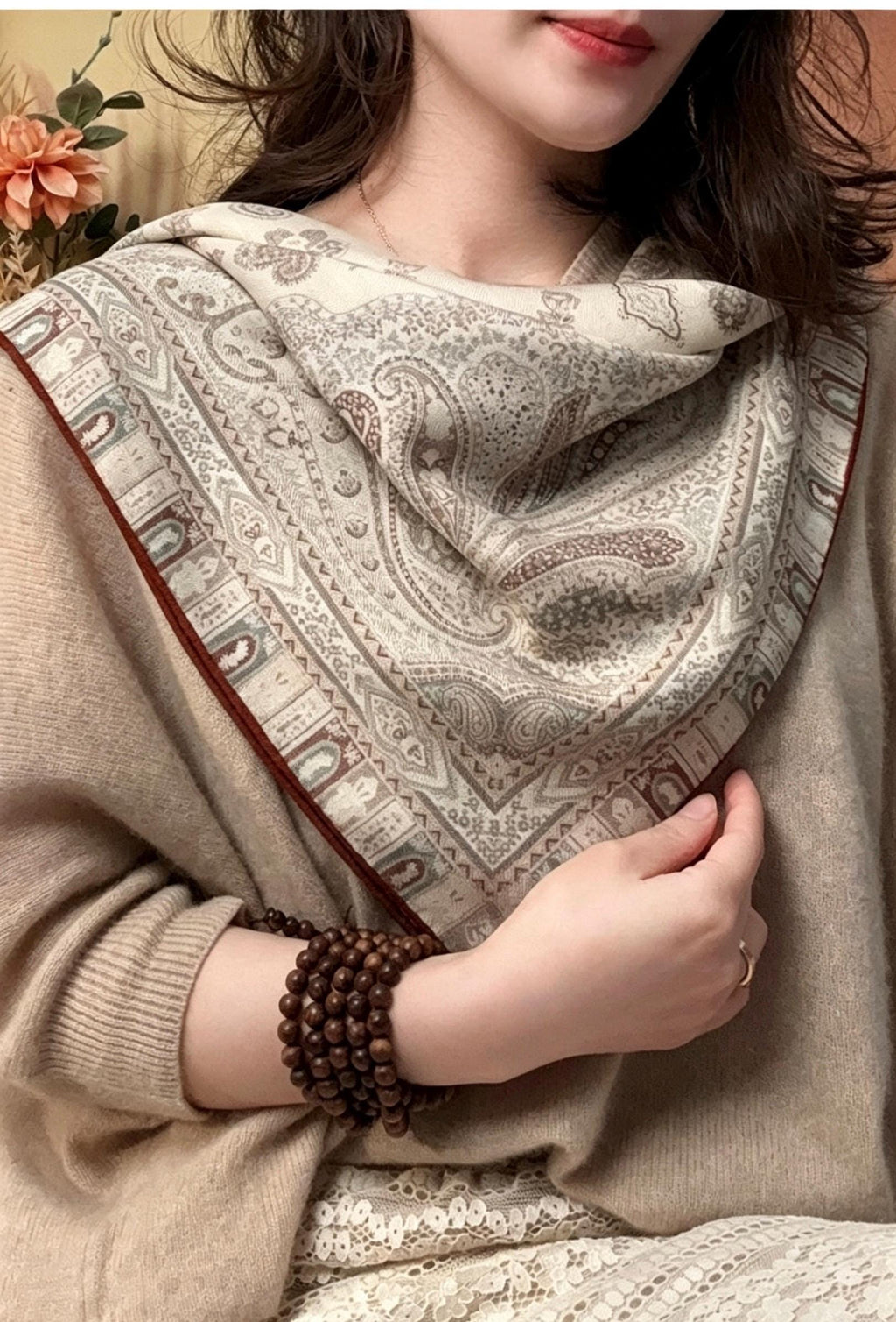 Elegant Beige Paisley Silk Wool Scarf for Women, Luxury Large Square Shawl, Autumn Winter Head Wrap, Gift for Her, 68x68cm & 88x88cm