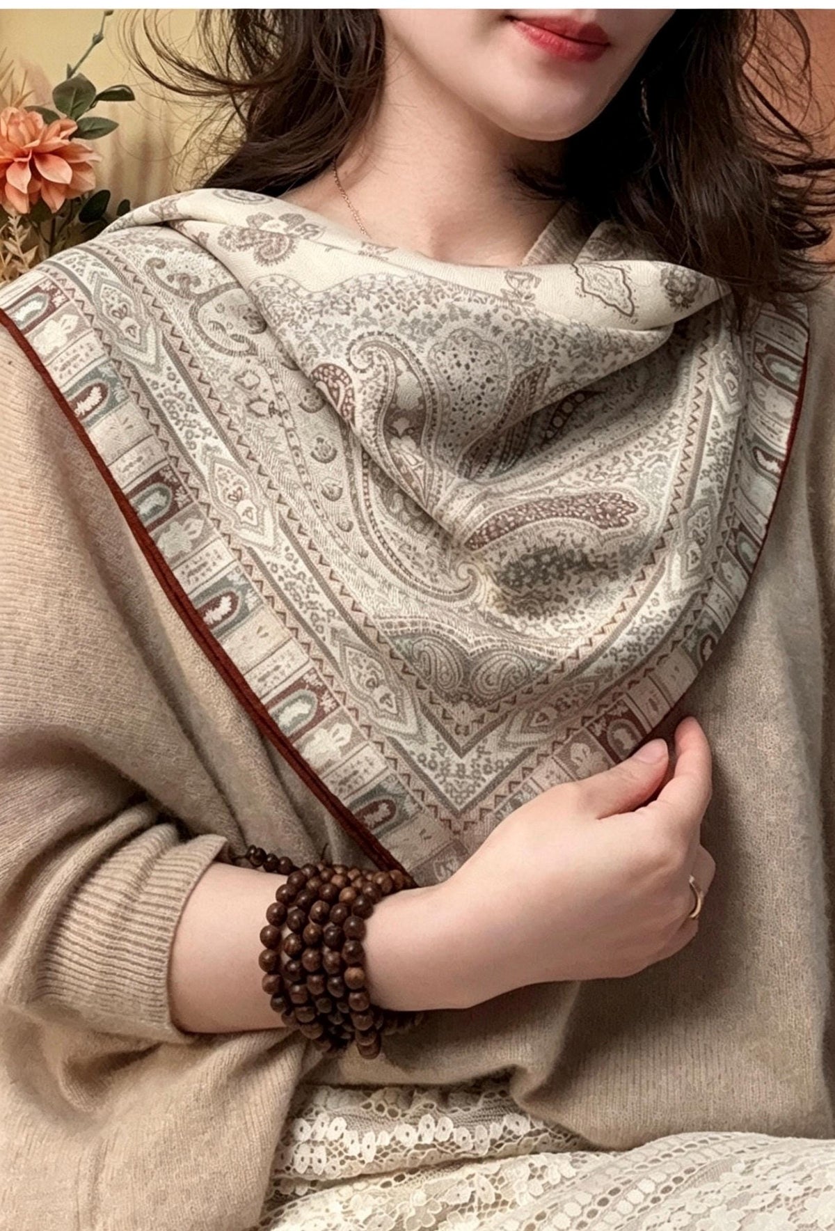 Elegant Beige Paisley Silk Wool Scarf for Women, Luxury Large Square Shawl, Autumn Winter Head Wrap, Gift for Her, 68x68cm & 88x88cm