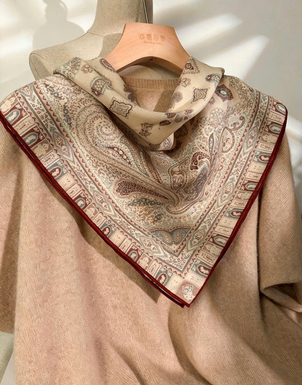 Elegant Beige Paisley Silk Wool Scarf for Women, Luxury Large Square Shawl, Autumn Winter Head Wrap, Gift for Her, 68x68cm & 88x88cm