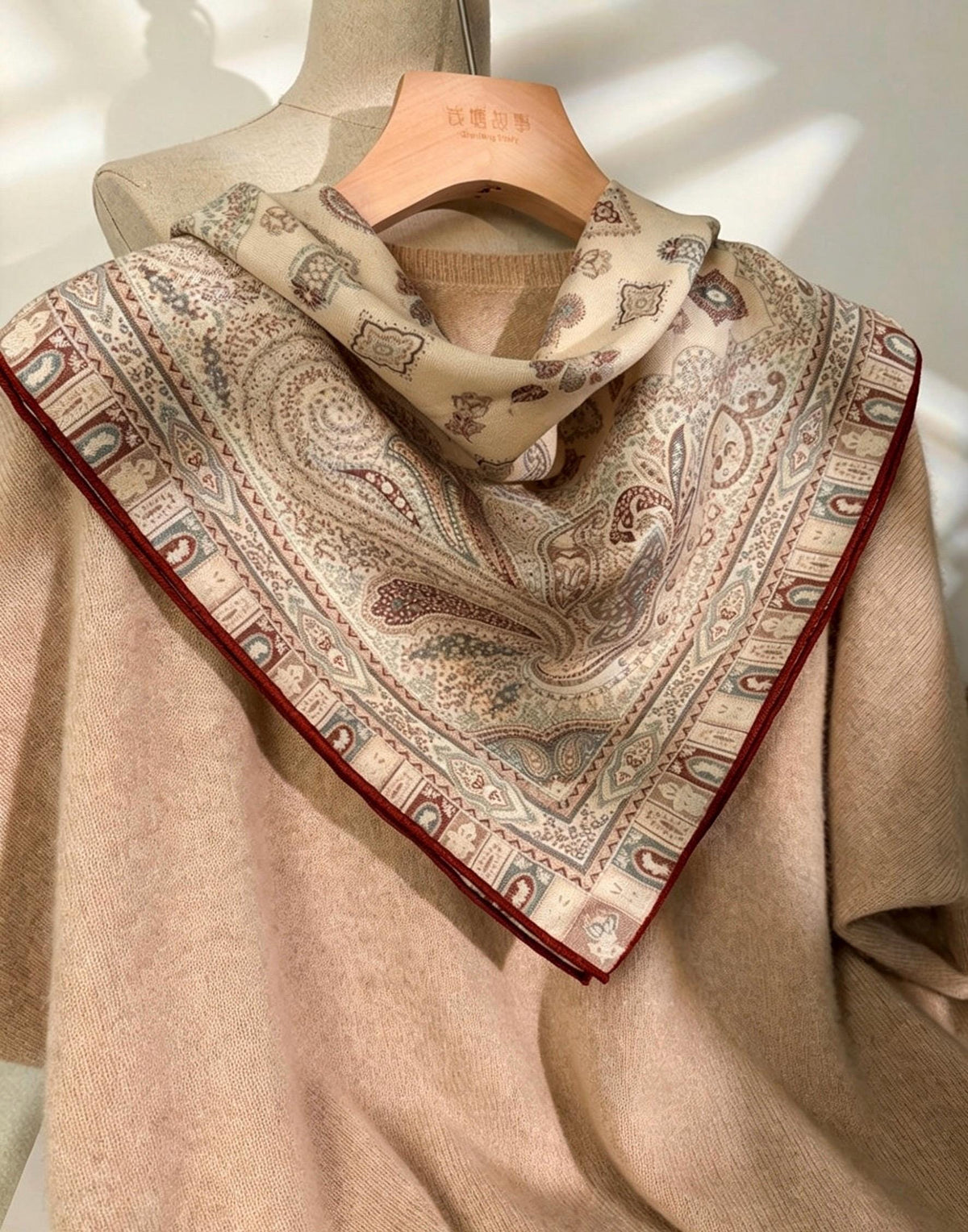 Elegant Beige Paisley Silk Wool Scarf for Women, Luxury Large Square Shawl, Autumn Winter Head Wrap, Gift for Her, 68x68cm & 88x88cm