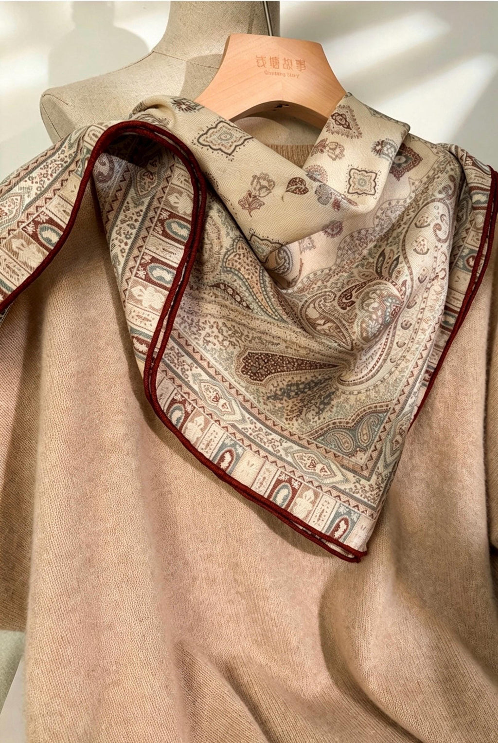 Elegant Beige Paisley Silk Wool Scarf for Women, Luxury Large Square Shawl, Autumn Winter Head Wrap, Gift for Her, 68x68cm & 88x88cm