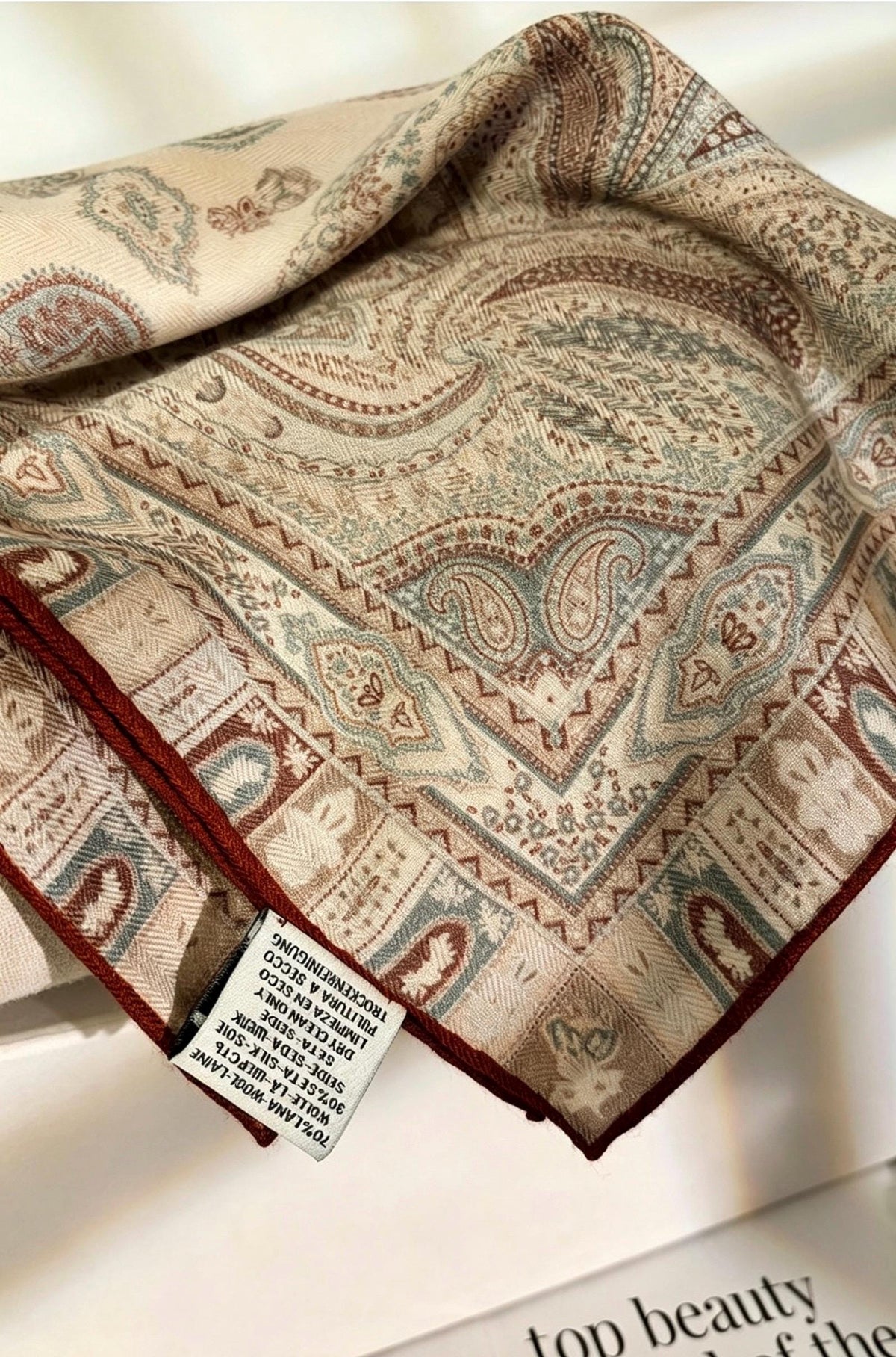 Elegant Beige Paisley Silk Wool Scarf for Women, Luxury Large Square Shawl, Autumn Winter Head Wrap, Gift for Her, 68x68cm & 88x88cm