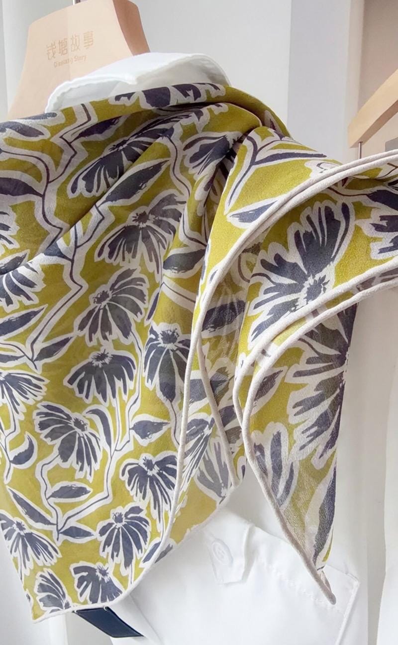 Spring Dream Silk Georgette Scarf, Lightweight Mulberry Silk Square, Artistic Floral Necktie, 25" Small Shawl, Romantic Luxe Gift for Her