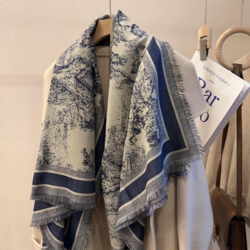Heavy Jacquard Silk Wool Scarf, Jungle Animals Print Square Shawl, Large 55"x55" Winter Wrap, Luxury Gift for Her, Toile de Jouy Style