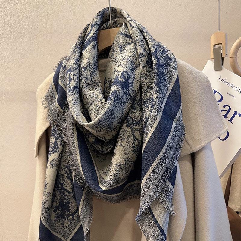 Heavy Jacquard Silk Wool Scarf, Jungle Animals Print Square Shawl, Large 55"x55" Winter Wrap, Luxury Gift for Her, Toile de Jouy Style