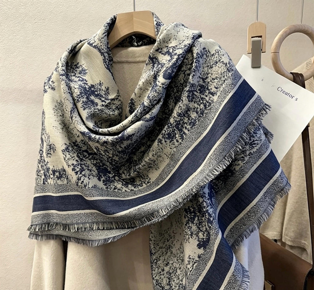 Heavy Jacquard Silk Wool Scarf, Jungle Animals Print Square Shawl, Large 55"x55" Winter Wrap, Luxury Gift for Her, Toile de Jouy Style