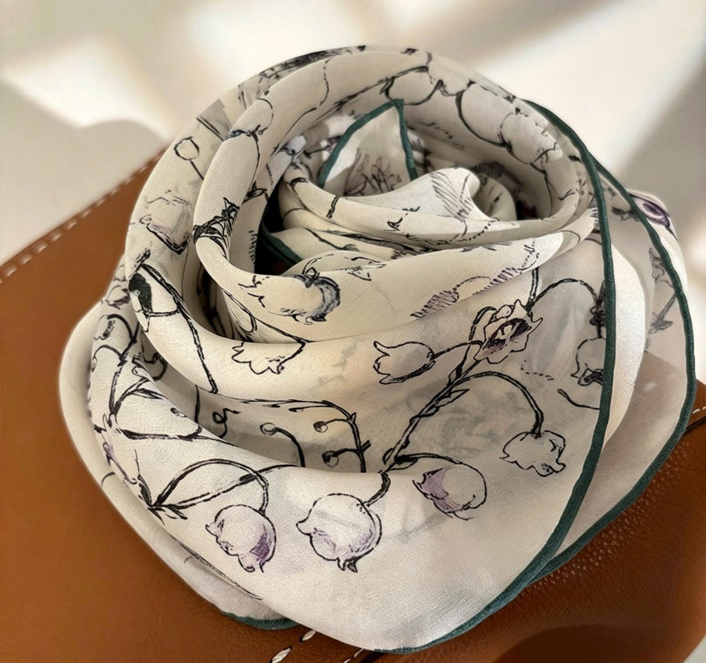 Lily of the Valley Silk Scarf, French Georgette Square Foulard, Elegant Floral Necktie, Versatile 27" Large Bandana, Luxury Gift for Her