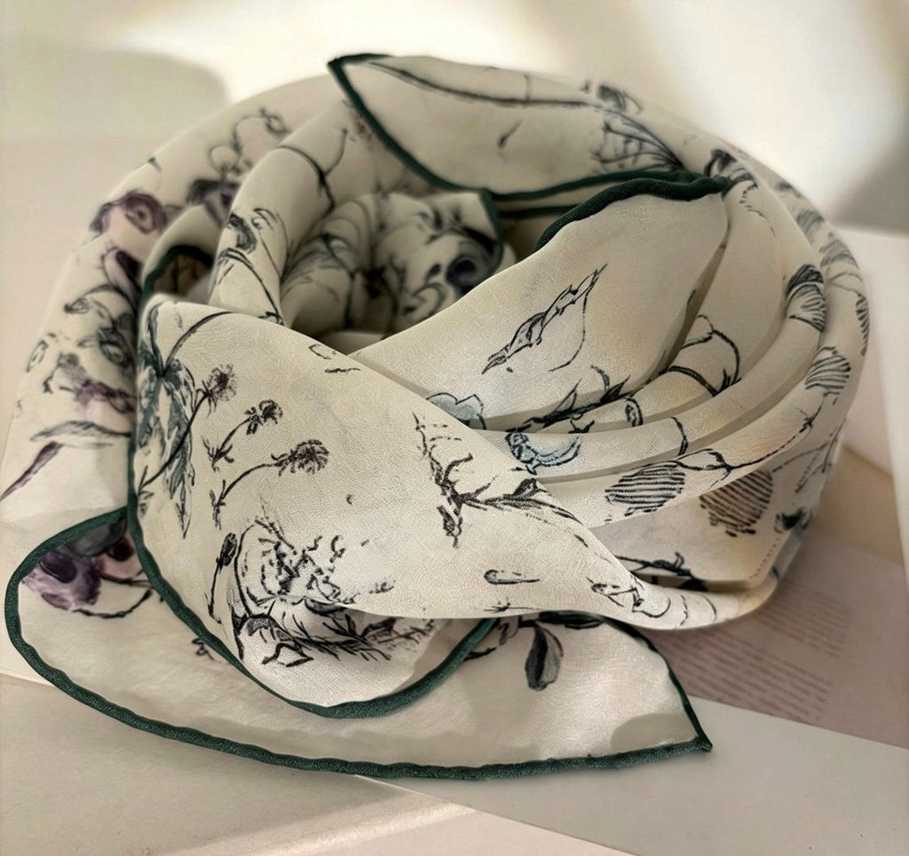 Lily of the Valley Silk Scarf, French Georgette Square Foulard, Elegant Floral Necktie, Versatile 27" Large Bandana, Luxury Gift for Her