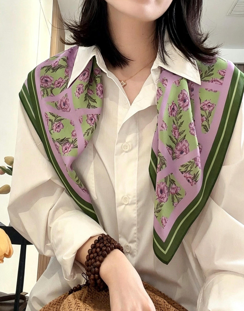 100% Mulberry Silk Scarf 26x26" 65x65CM, Romantic Spring Pastel Silk Square Scarf, Hand-Rolled Crepe de Chine Neck Scarf, Luxury Floral Gift