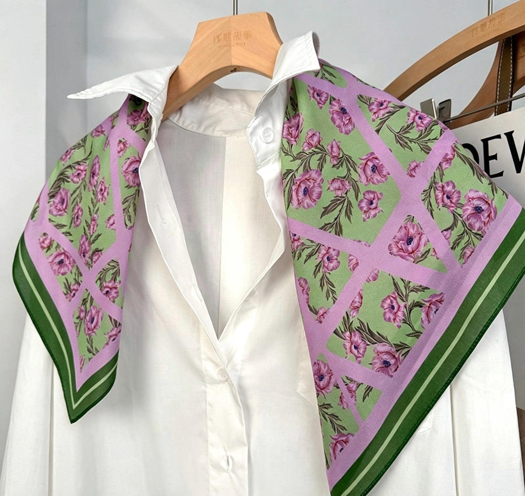 100% Mulberry Silk Scarf 26x26" 65x65CM, Romantic Spring Pastel Silk Square Scarf, Hand-Rolled Crepe de Chine Neck Scarf, Luxury Floral Gift