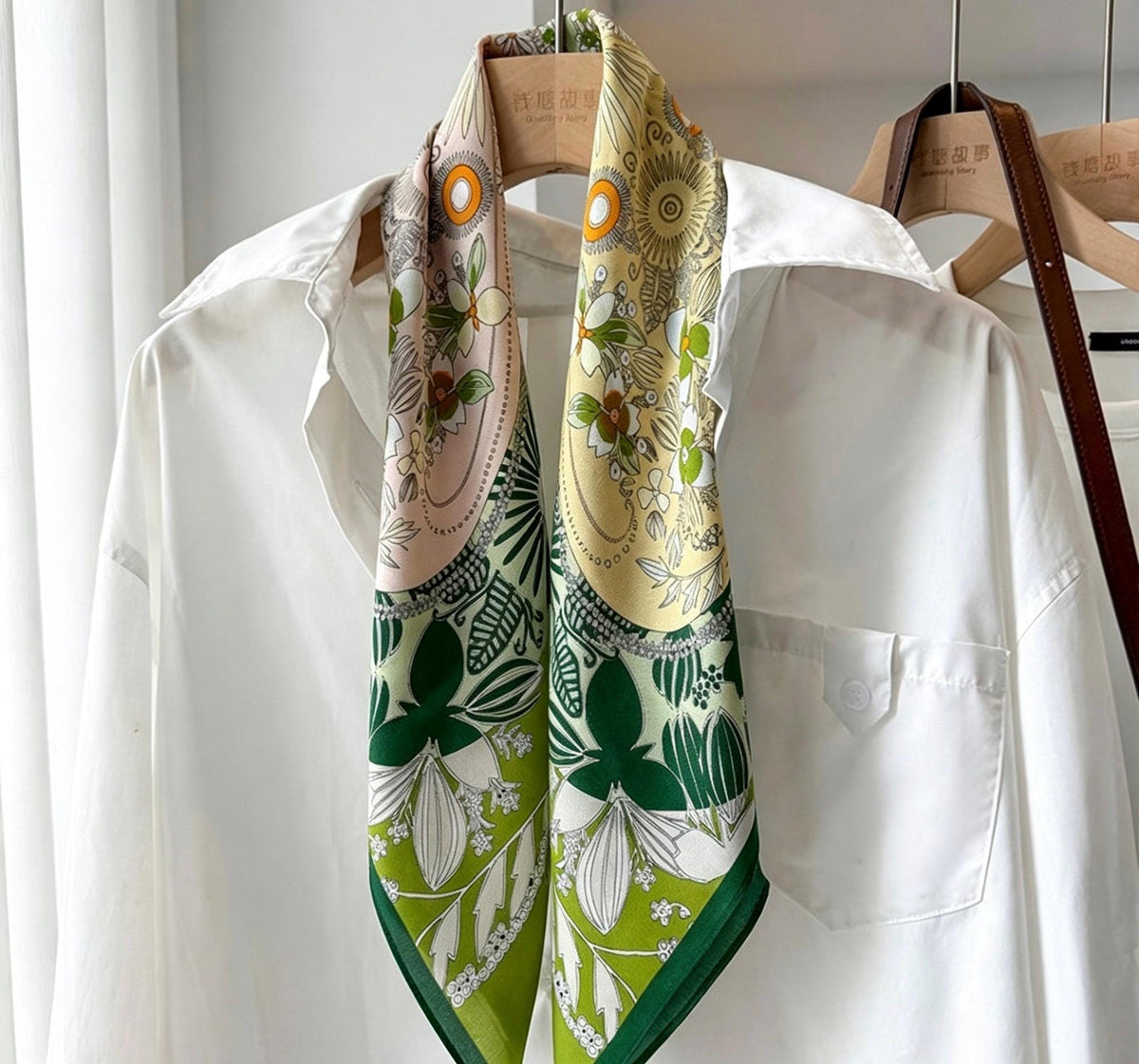 100% Mulberry Silk Scarf 26x26" 65x65CM, Fresh Garden Green Silk Square Scarf, Crepe de Chine Floral Neck Scarf, Luxury Botanical Gift