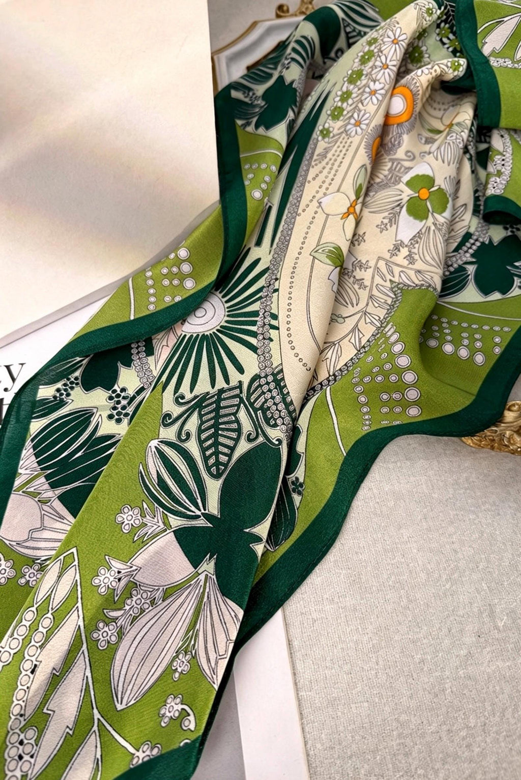 100% Mulberry Silk Scarf 26x26" 65x65CM, Fresh Garden Green Silk Square Scarf, Crepe de Chine Floral Neck Scarf, Luxury Botanical Gift