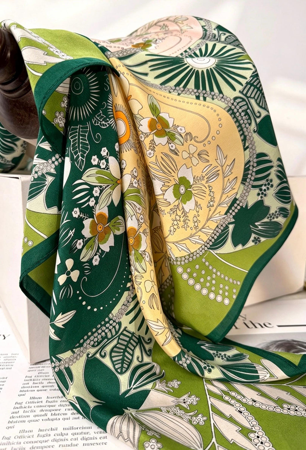 100% Mulberry Silk Scarf 26x26" 65x65CM, Fresh Garden Green Silk Square Scarf, Crepe de Chine Floral Neck Scarf, Luxury Botanical Gift