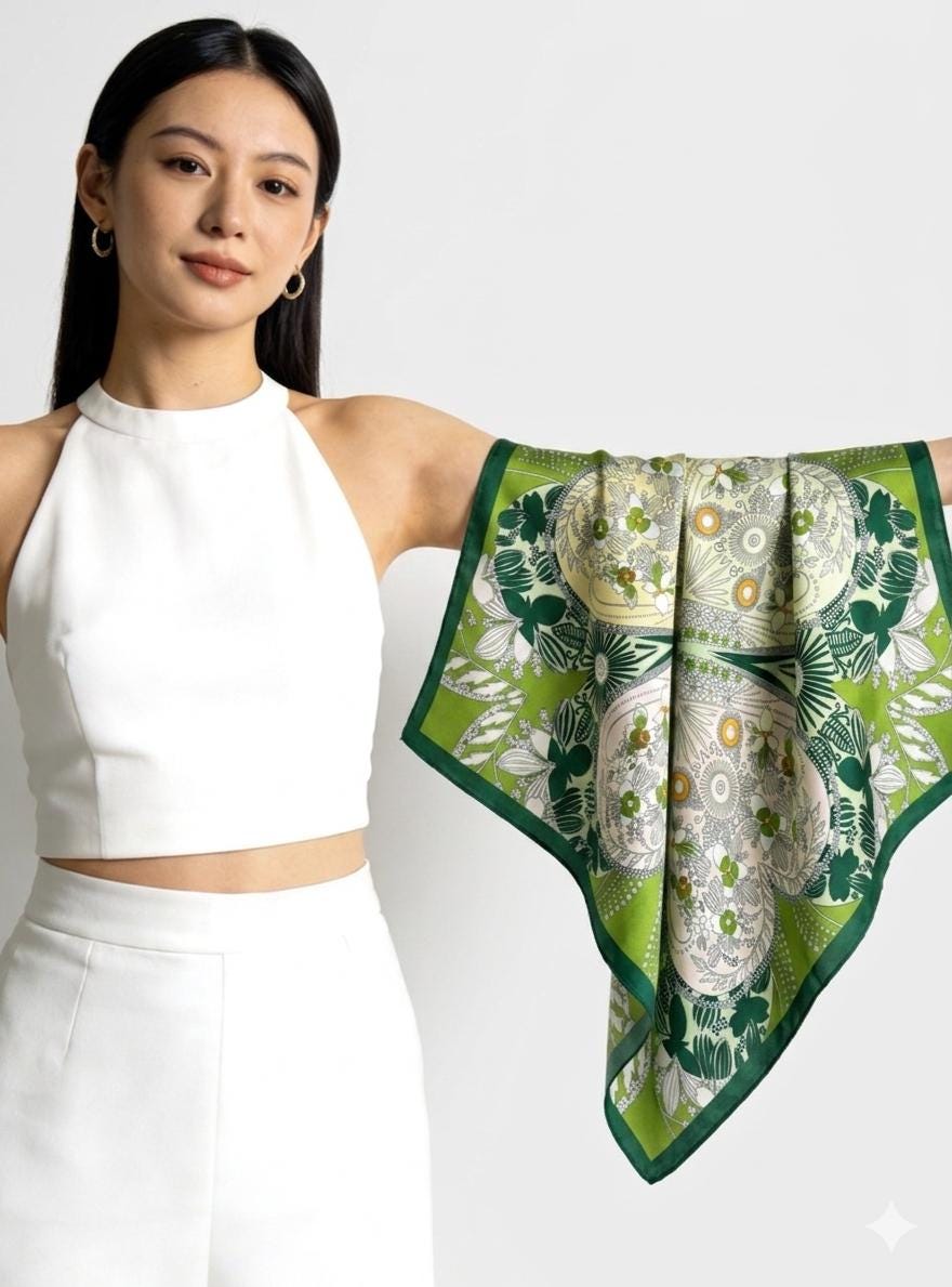 100% Mulberry Silk Scarf 26x26" 65x65CM, Fresh Garden Green Silk Square Scarf, Crepe de Chine Floral Neck Scarf, Luxury Botanical Gift