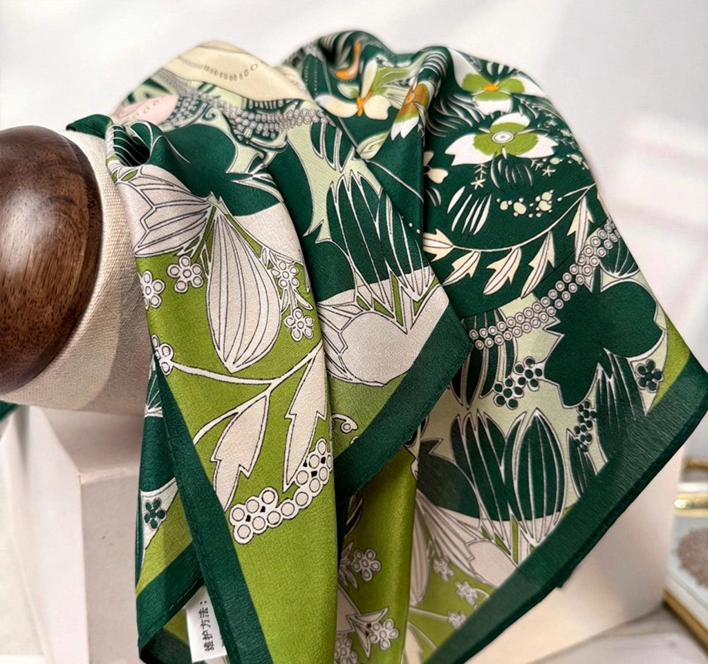100% Mulberry Silk Scarf 26x26" 65x65CM, Fresh Garden Green Silk Square Scarf, Crepe de Chine Floral Neck Scarf, Luxury Botanical Gift