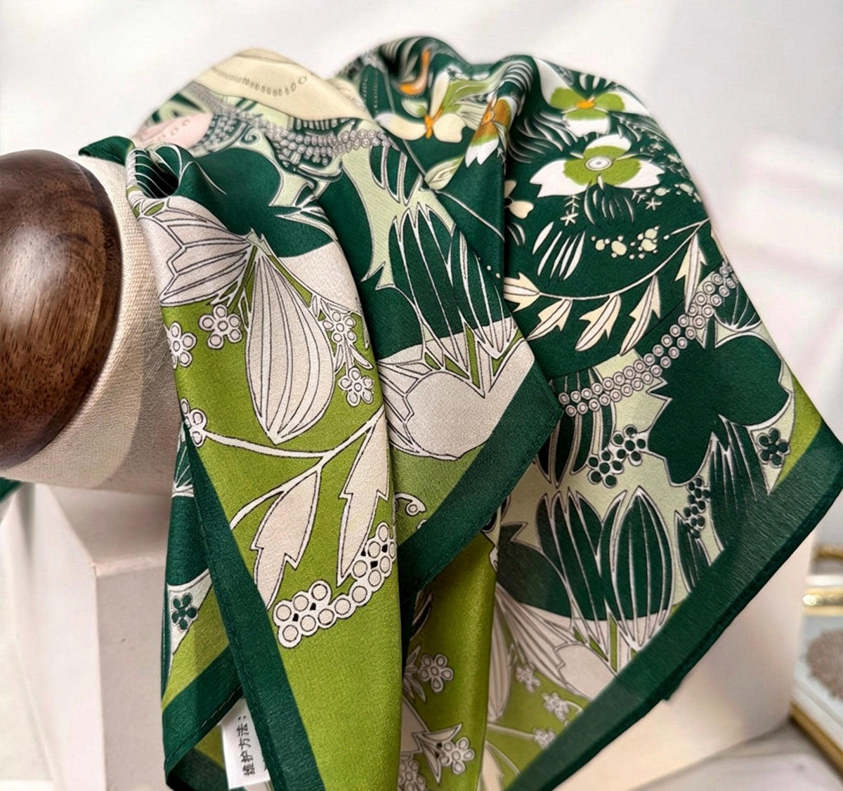 100% Mulberry Silk Scarf 26x26" 65x65CM, Fresh Garden Green Silk Square Scarf, Crepe de Chine Floral Neck Scarf, Luxury Botanical Gift