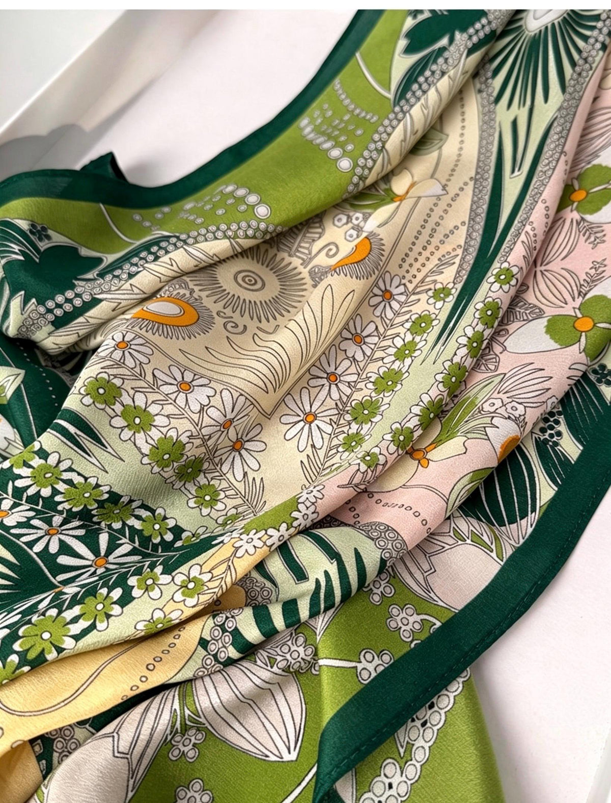 100% Mulberry Silk Scarf 26x26" 65x65CM, Fresh Garden Green Silk Square Scarf, Crepe de Chine Floral Neck Scarf, Luxury Botanical Gift