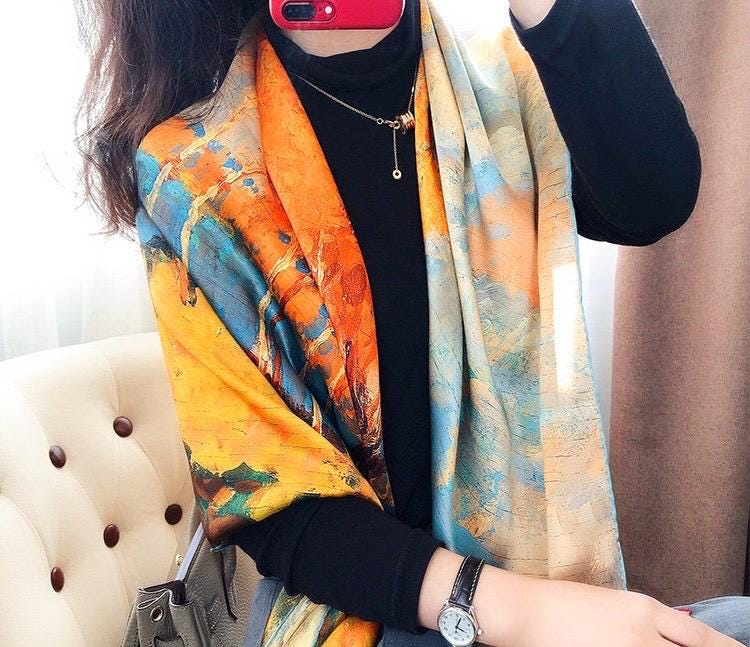 43x43 Inches Hangzhou Silk Oil Painting Satin Scarf, 100 Mulberry Silk Square Scarf for Women, Art Inspired Large Shawl & Wrap, 110x110cm