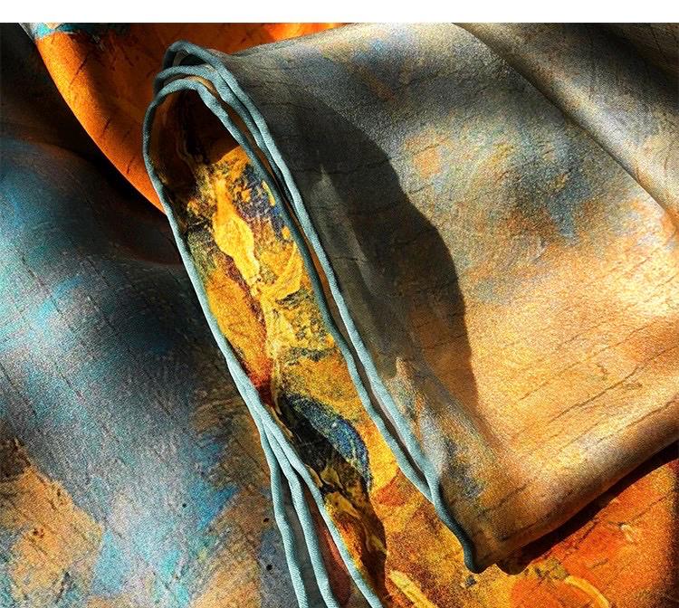 43x43 Inches Hangzhou Silk Oil Painting Satin Scarf, 100 Mulberry Silk Square Scarf for Women, Art Inspired Large Shawl & Wrap, 110x110cm