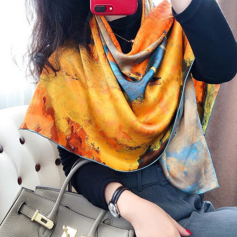 43x43 Inches Hangzhou Silk Oil Painting Satin Scarf, 100 Mulberry Silk Square Scarf for Women, Art Inspired Large Shawl & Wrap, 110x110cm