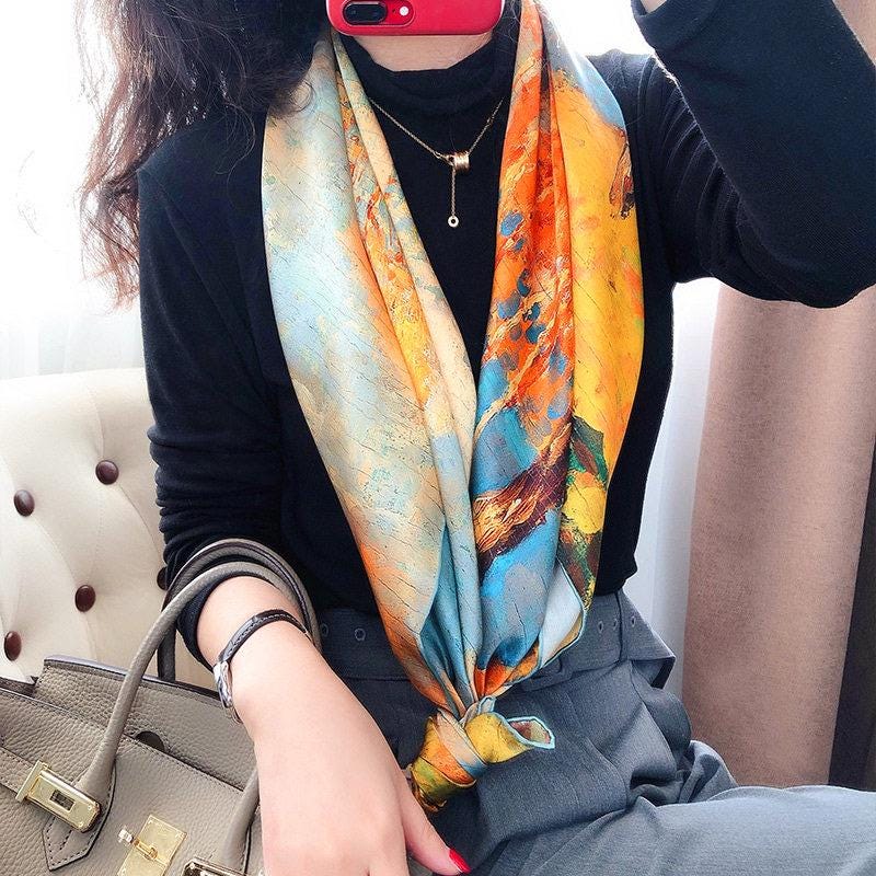 43x43 Inches Hangzhou Silk Oil Painting Satin Scarf, 100 Mulberry Silk Square Scarf for Women, Art Inspired Large Shawl & Wrap, 110x110cm