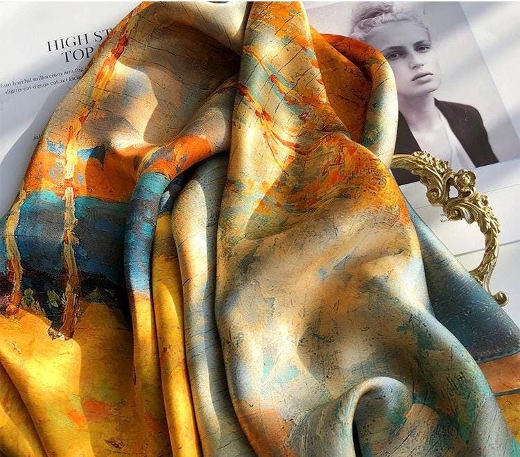 43x43 Inches Hangzhou Silk Oil Painting Satin Scarf, 100 Mulberry Silk Square Scarf for Women, Art Inspired Large Shawl & Wrap, 110x110cm