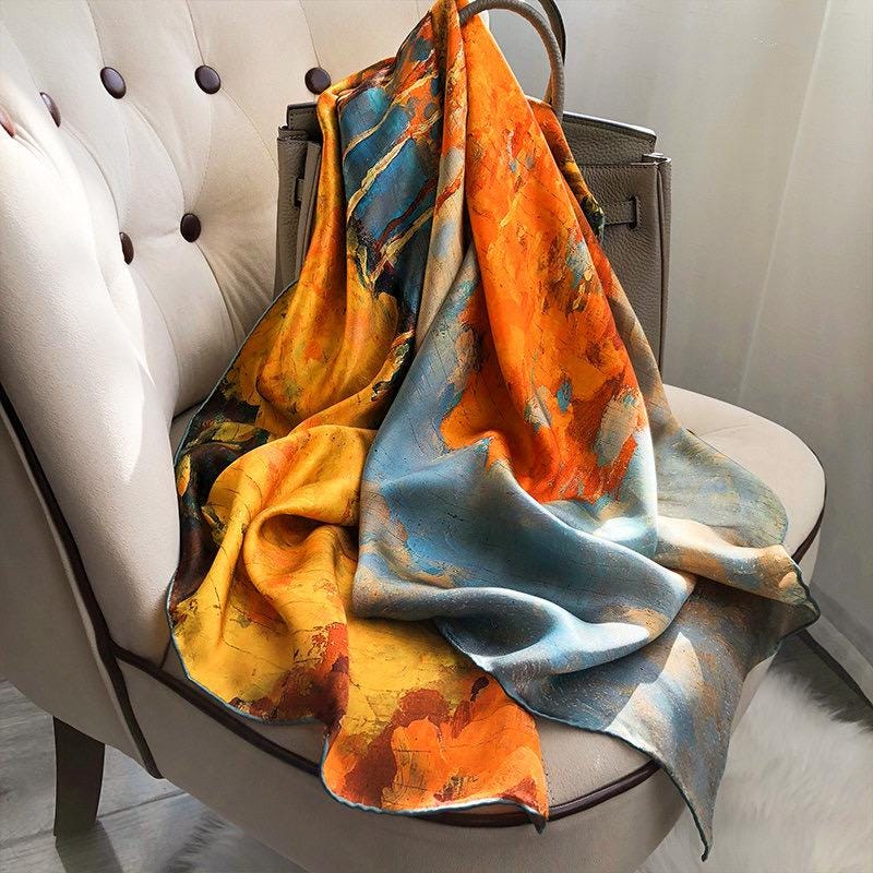 43x43 Inches Hangzhou Silk Oil Painting Satin Scarf, 100 Mulberry Silk Square Scarf for Women, Art Inspired Large Shawl & Wrap, 110x110cm