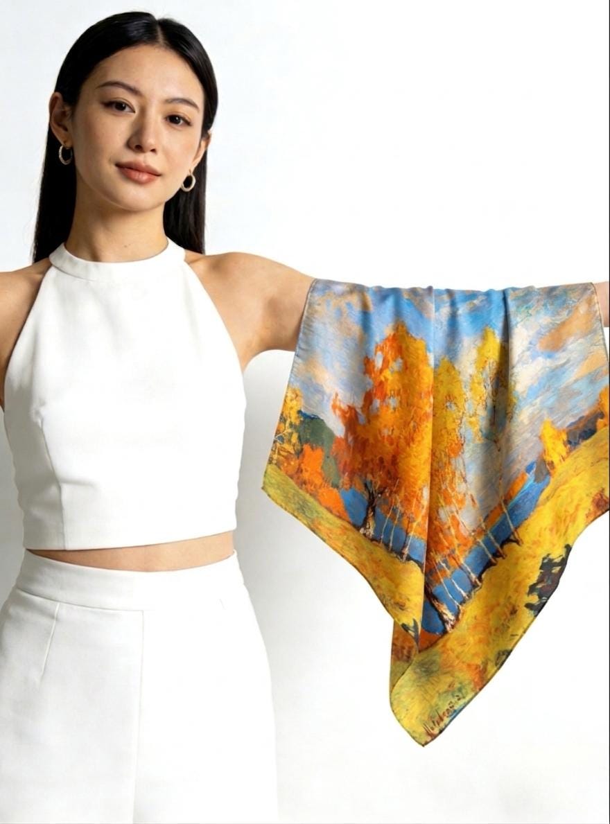 43x43 Inches Hangzhou Silk Oil Painting Satin Scarf, 100 Mulberry Silk Square Scarf for Women, Art Inspired Large Shawl & Wrap, 110x110cm