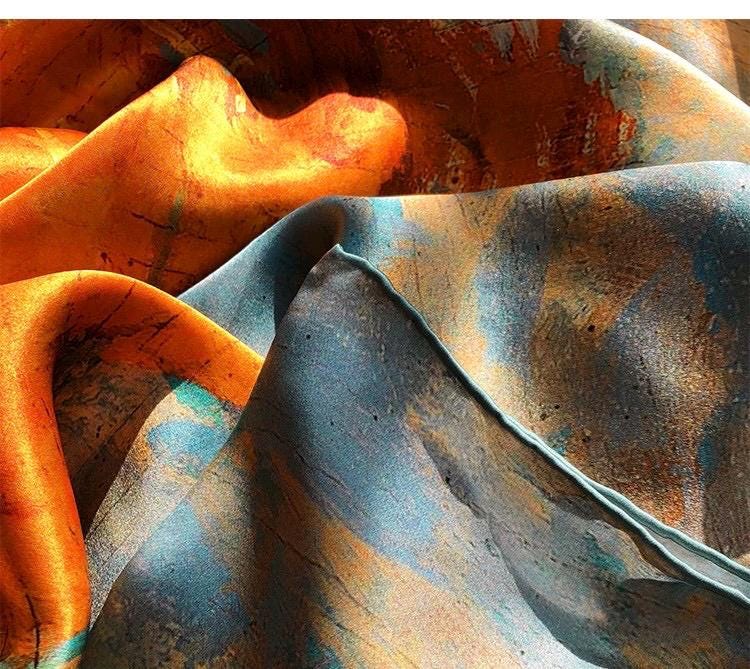 43x43 Inches Hangzhou Silk Oil Painting Satin Scarf, 100 Mulberry Silk Square Scarf for Women, Art Inspired Large Shawl & Wrap, 110x110cm