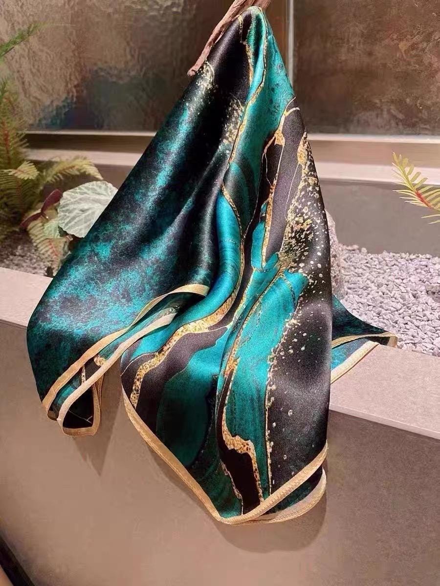 100% Mulberry Silk Scarf 26x26" 65x65CM, Aurora Green Silk Bandana, Hand Rolled Edge, Luxury Neck Scarf, Fashion Gift for Her