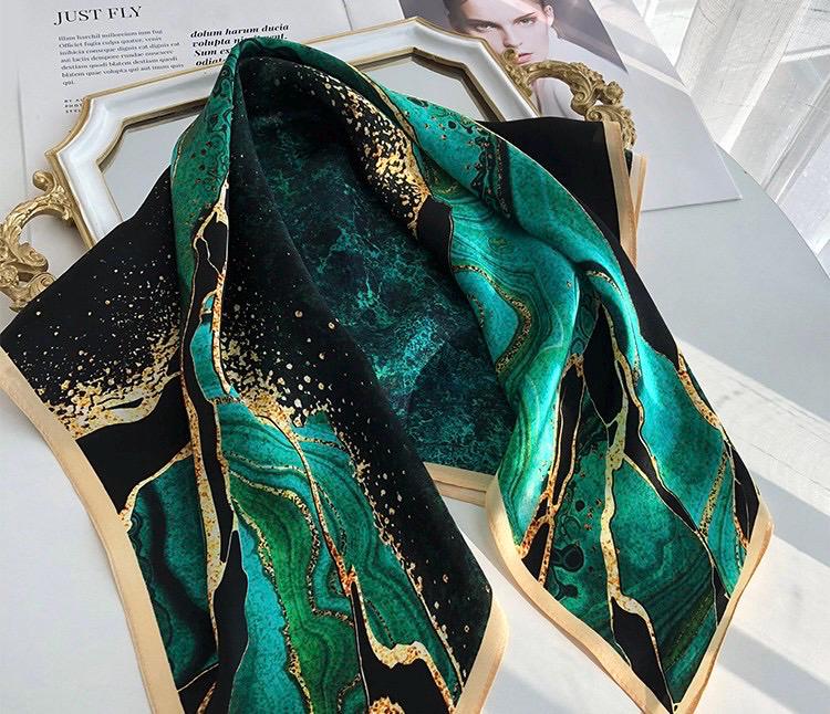 100% Mulberry Silk Scarf 26x26" 65x65CM, Aurora Green Silk Bandana, Hand Rolled Edge, Luxury Neck Scarf, Fashion Gift for Her