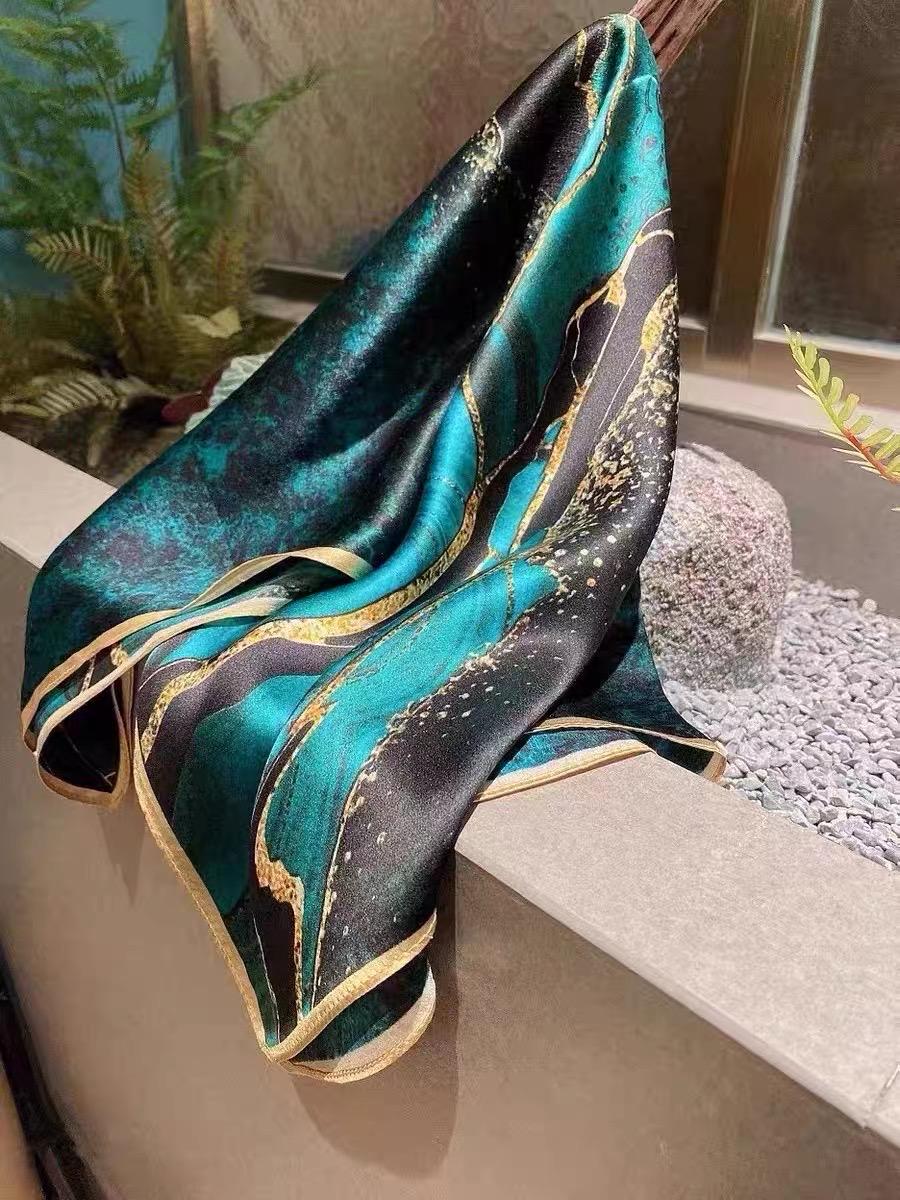 100% Mulberry Silk Scarf 26x26" 65x65CM, Aurora Green Silk Bandana, Hand Rolled Edge, Luxury Neck Scarf, Fashion Gift for Her