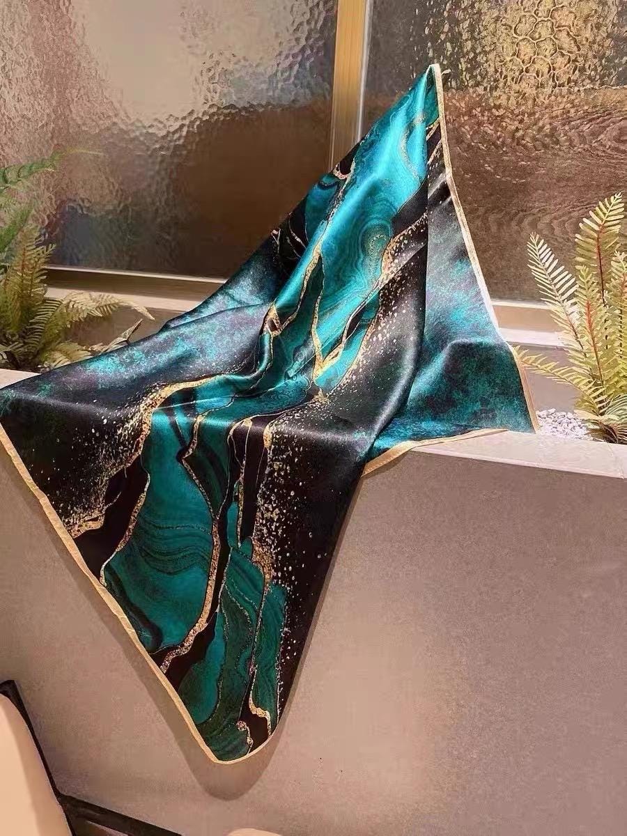 100% Mulberry Silk Scarf 26x26" 65x65CM, Aurora Green Silk Bandana, Hand Rolled Edge, Luxury Neck Scarf, Fashion Gift for Her